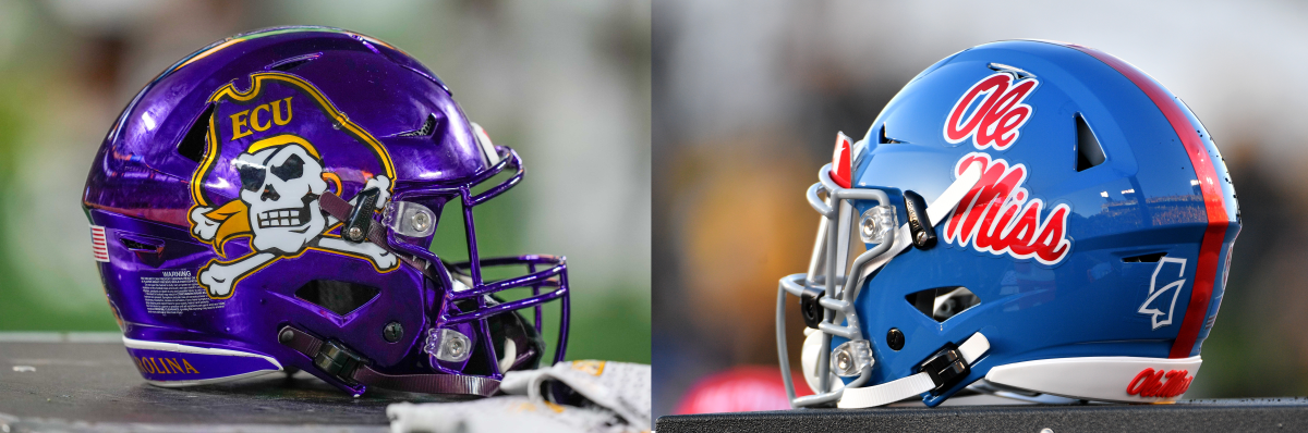 East Carolina (left) and Ole Miss helmets.
